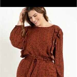 Eloquii Graphic Dot Print Brown Ruffle Puff Sleeve Top 18